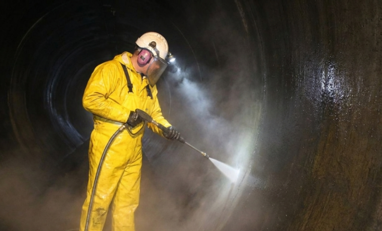 Mitarbeiter von Industriereinigung Rhein-Ruhr bei der Hochdruckreinigung.